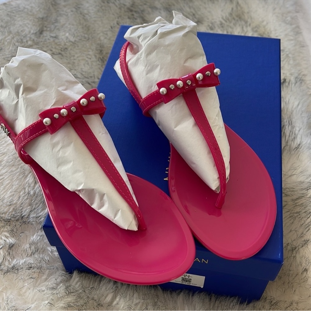 Stuart Weitzman Vibrant Pink Sandals with Pearl Bow